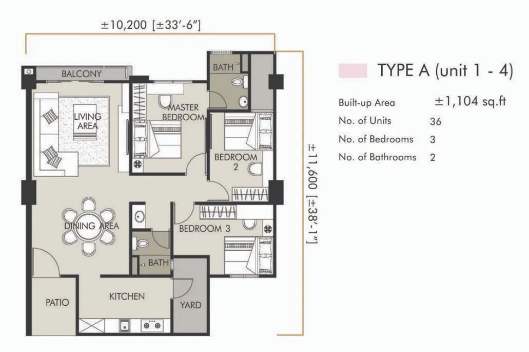 Elements Garden Type A floor plan — about 1,104 sq ft, three bedrooms and two bathrooms, Raja Uda, Butterworth, Penang