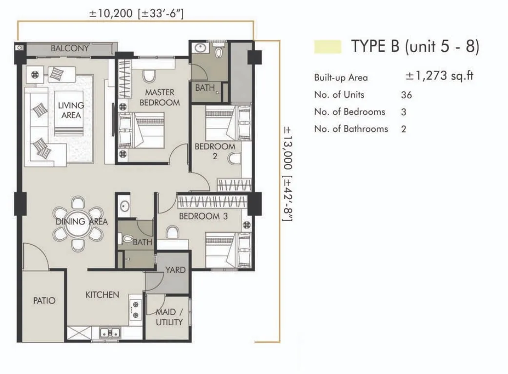 Elements Garden Type B floor plan — about 1,273 sq ft, three bedrooms and two bathrooms with a maid / utility room, Raja Uda, Butterworth, Penang