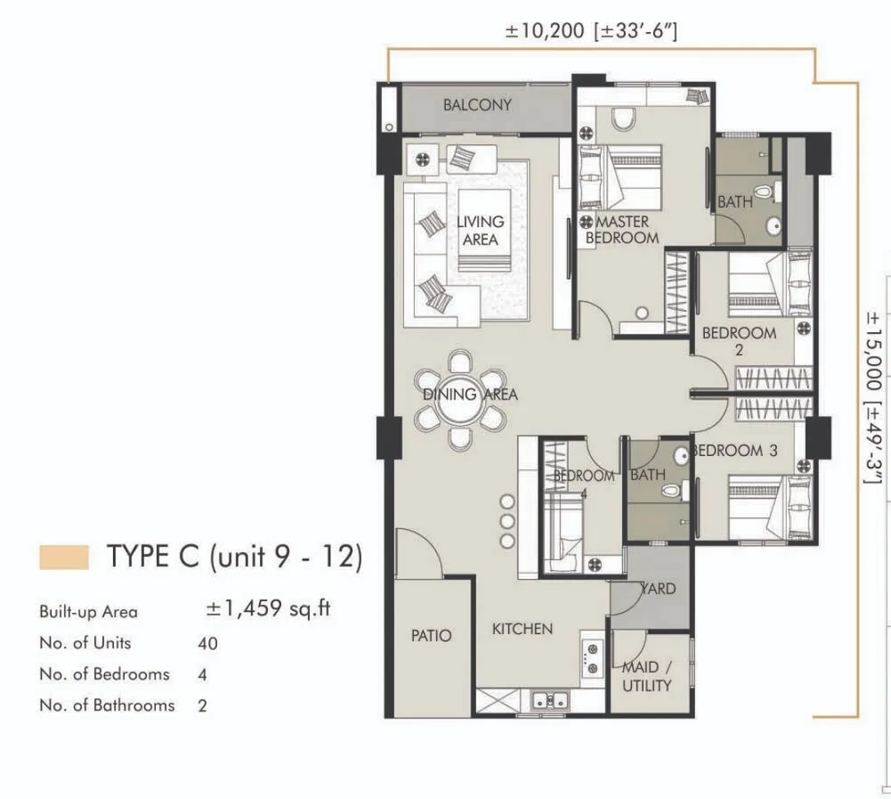Elements Garden Type C floor plan — about 1,459 sq ft, four bedrooms and two bathrooms with a maid / utility room, Raja Uda, Butterworth, Penang