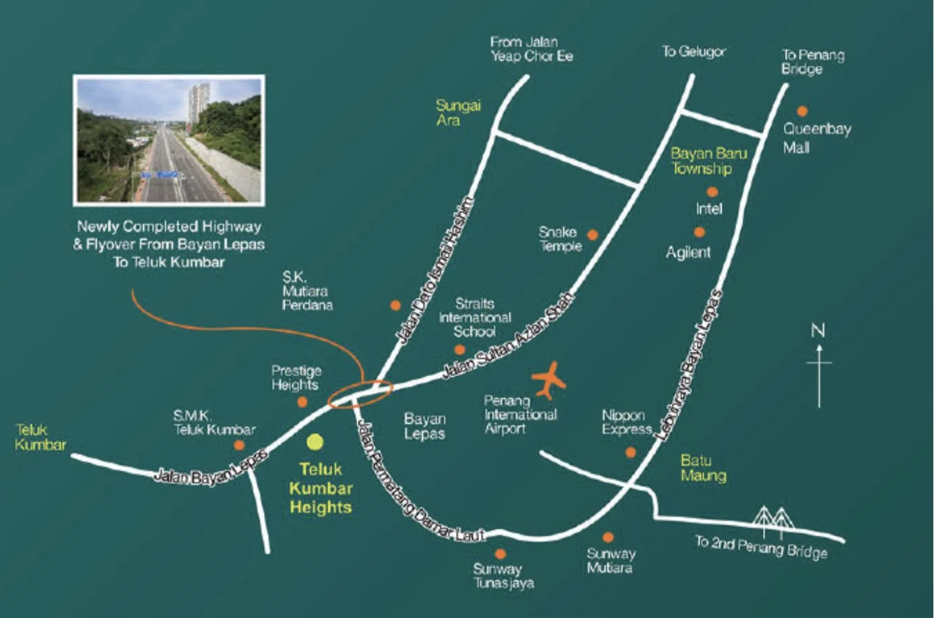 Emerald Residence location map showing Teluk Kumbar Heights, Bayan Lepas, the airport and the road to the second Penang bridge, Teluk Kumbar, Penang