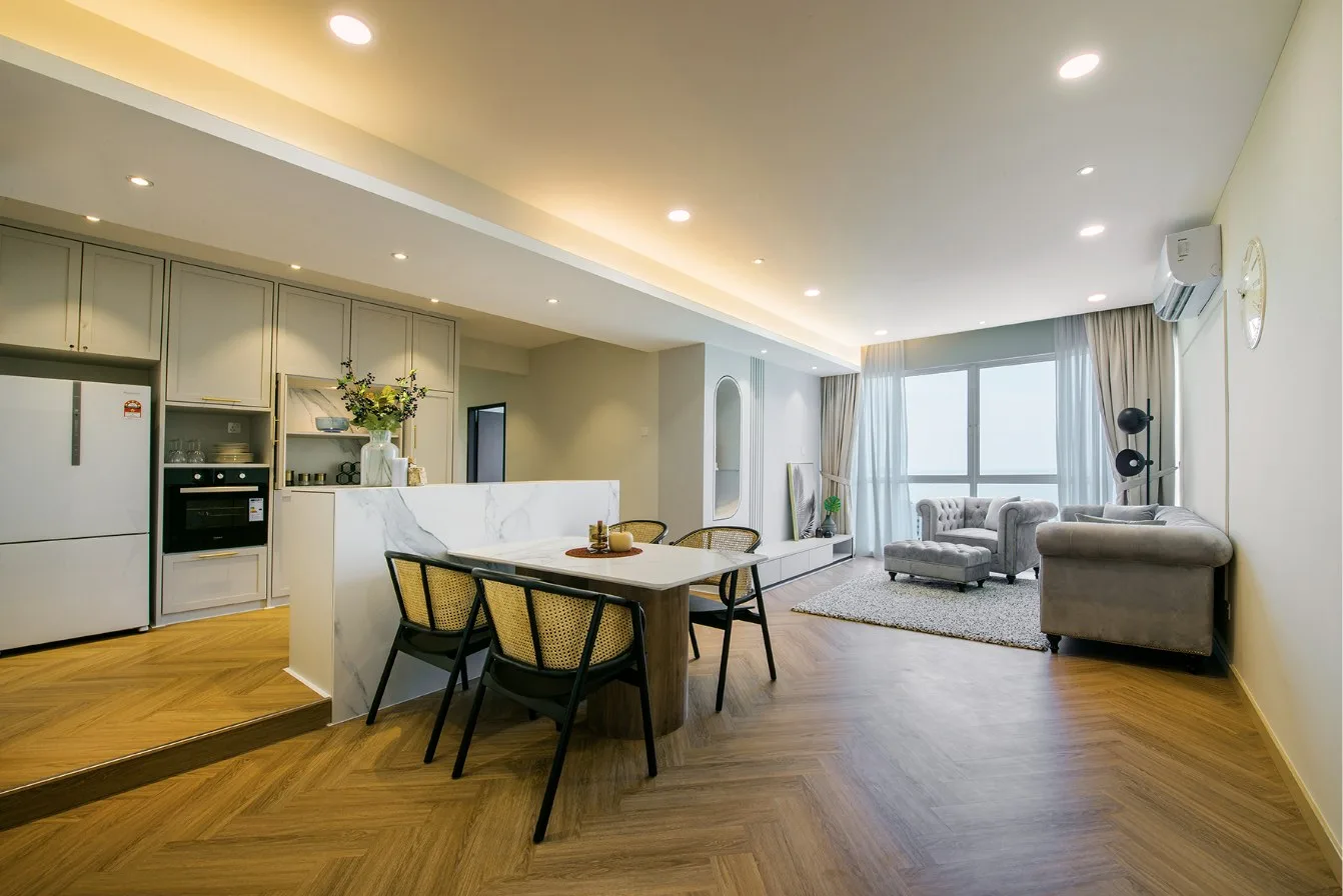 Emerald Residence show unit living and dining area with open kitchen, Teluk Kumbar, Penang