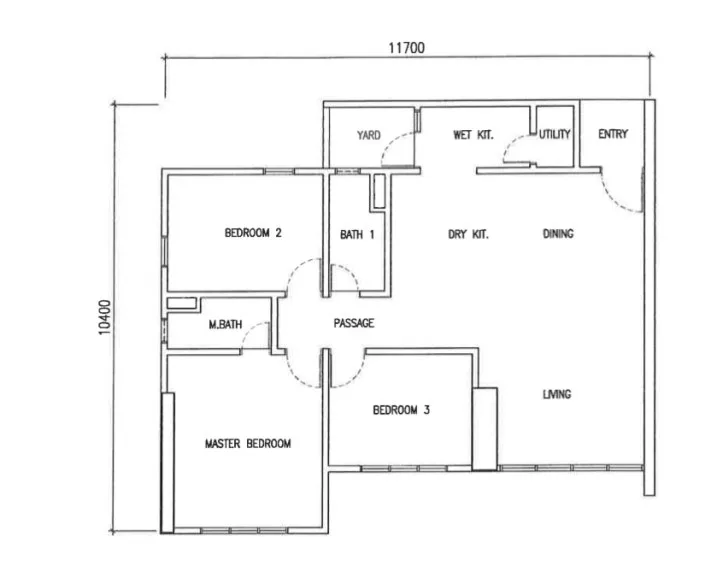 Emerald Residence Type A1 floor plan — three bedrooms and two bathrooms, Teluk Kumbar, Penang