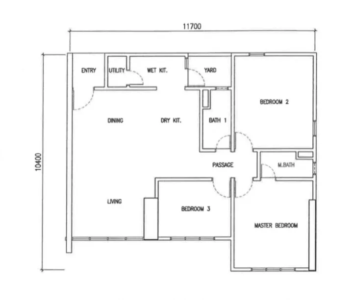 Emerald Residence Type A2 floor plan — three bedrooms and two bathrooms, Teluk Kumbar, Penang