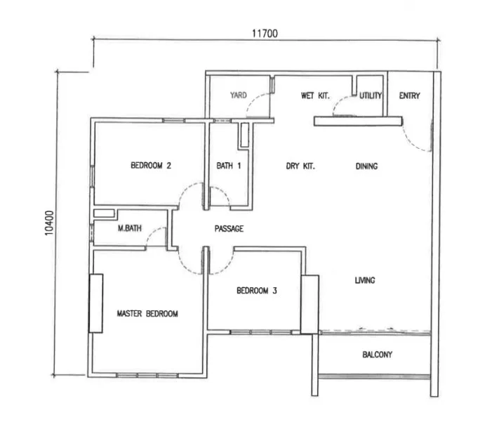 Emerald Residence Type A3 floor plan — three bedrooms and two bathrooms with a balcony, Teluk Kumbar, Penang