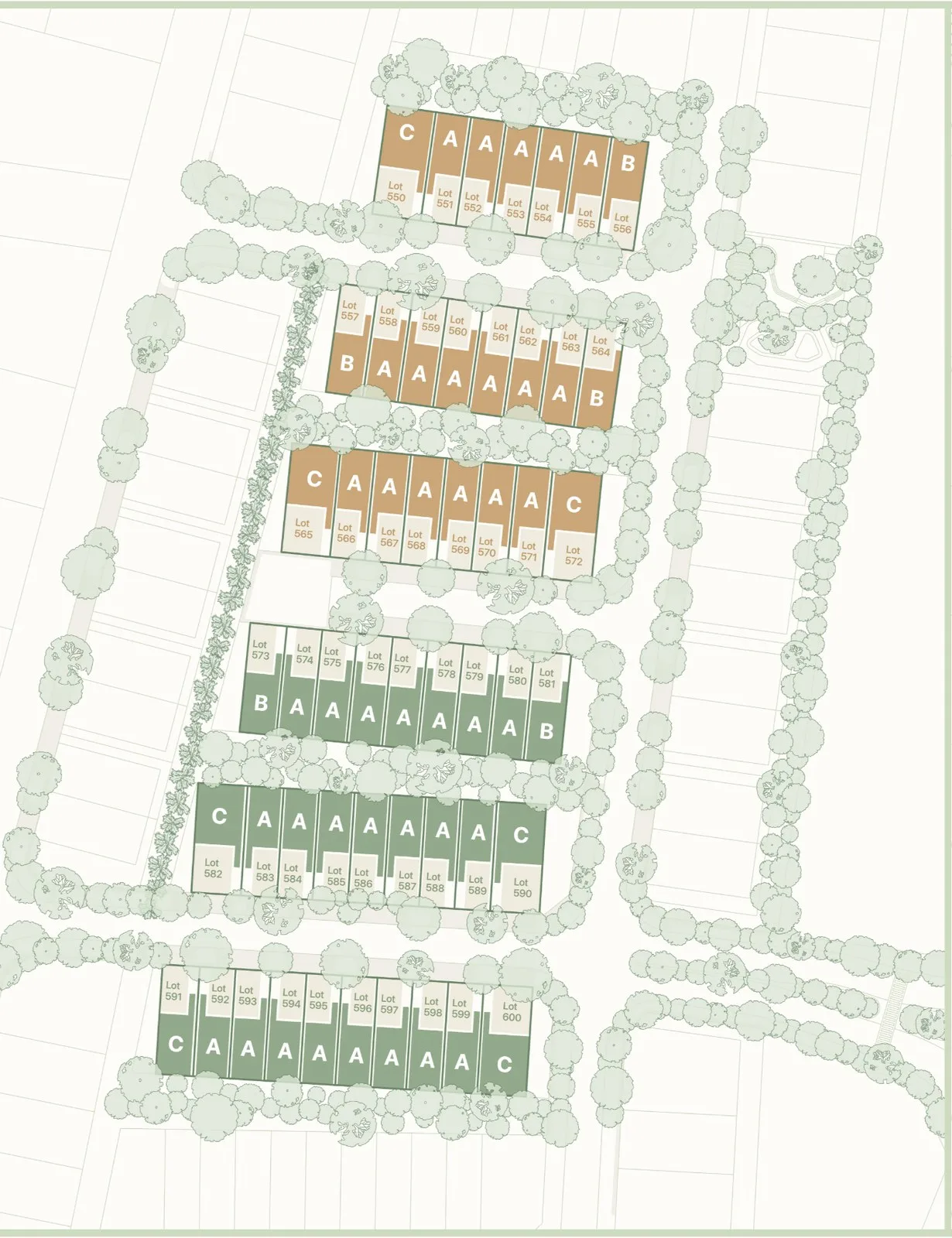 Fera Courtyard Terraces site plan for Phases 1 and 2 with lot numbers and house types, Andaman Island, Penang