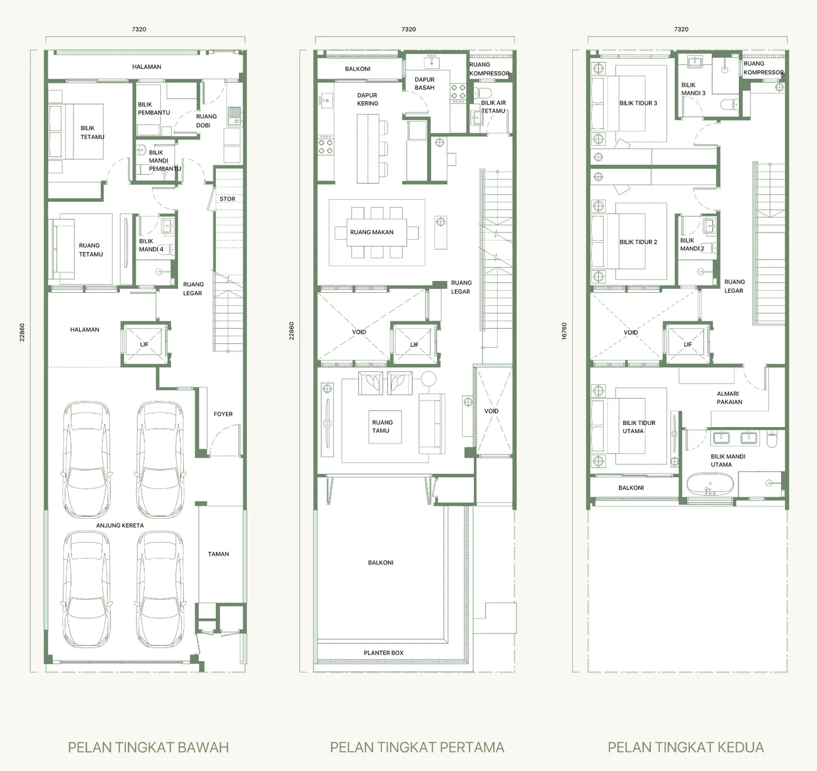 Fera Courtyard Terraces Type A floor plans — ground, first and second floors of the intermediate house, 3,615 sq ft with four bedrooms and five bathrooms, from the developer's advertisement filed with the government register, Andaman Island, Penang