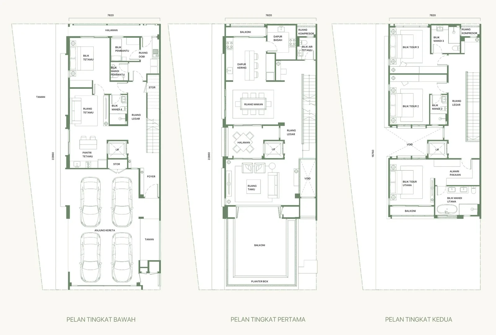 Fera Courtyard Terraces Type B floor plans — ground, first and second floors of the corner house, 4,015 sq ft with four bedrooms and five bathrooms, from the developer's advertisement filed with the government register, Andaman Island, Penang