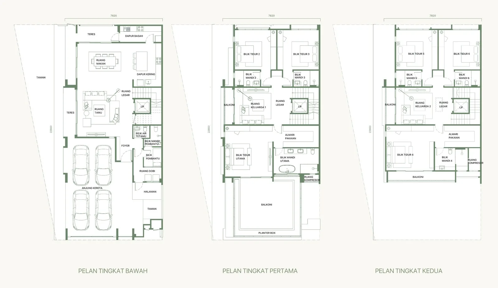 Fera Courtyard Terraces Type C floor plans — ground, first and second floors of the large corner house, 5,173 sq ft with six bedrooms and seven bathrooms, from the developer's advertisement filed with the government register, Andaman Island, Penang