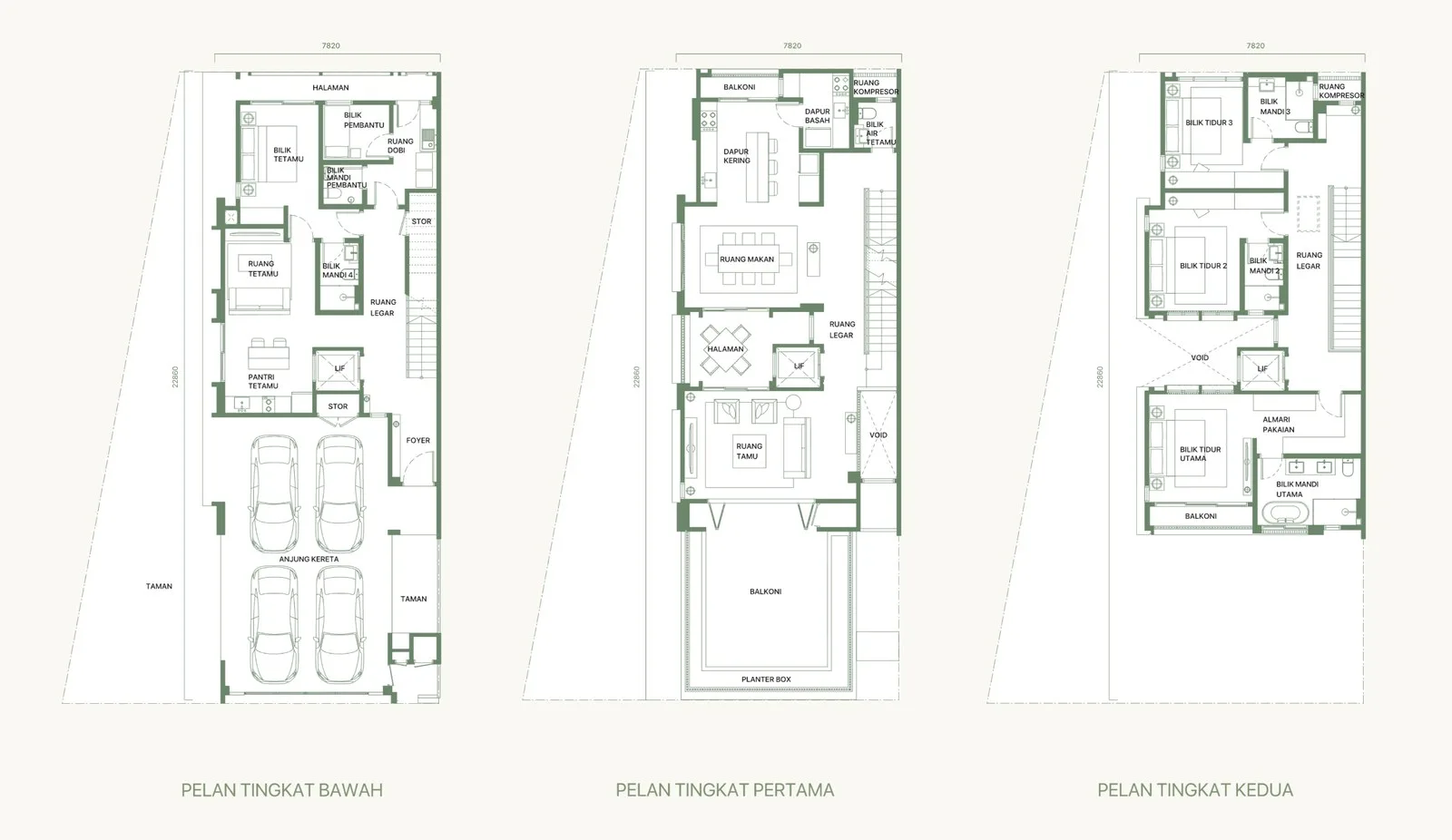 Fera Courtyard Terraces Type D floor plans — ground, first and second floors of the corner house, 3,921 sq ft with four bedrooms and five bathrooms, from the developer's advertisement filed with the government register, Andaman Island, Penang