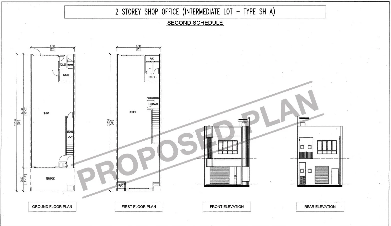 Proposed ground and first floor plans and elevations of Ginza 2-storey shop office intermediate lot Type SH A, 22 x 70 ft, by Team Keris Berhad, Ipoh South