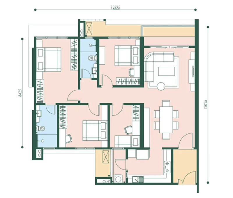 Goodwood Residence Type D floor plan — 1,250 sq ft, four bedrooms and two bathrooms, Bayan Lepas, Penang