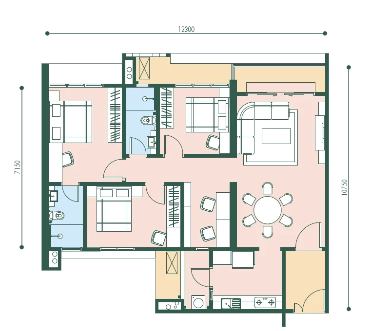 Goodwood Residence Type E floor plan — 1,075 sq ft, three bedrooms and two bathrooms, Bayan Lepas, Penang