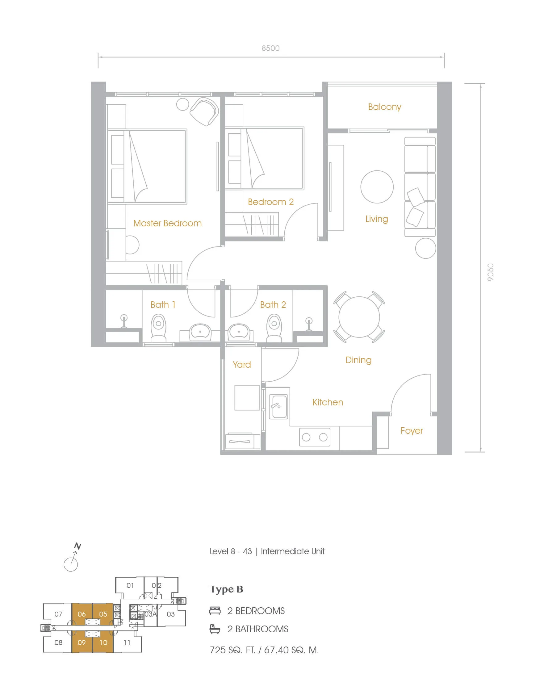 Grains Residences B 型两房户型图,取自发展商官网,槟城大山脚