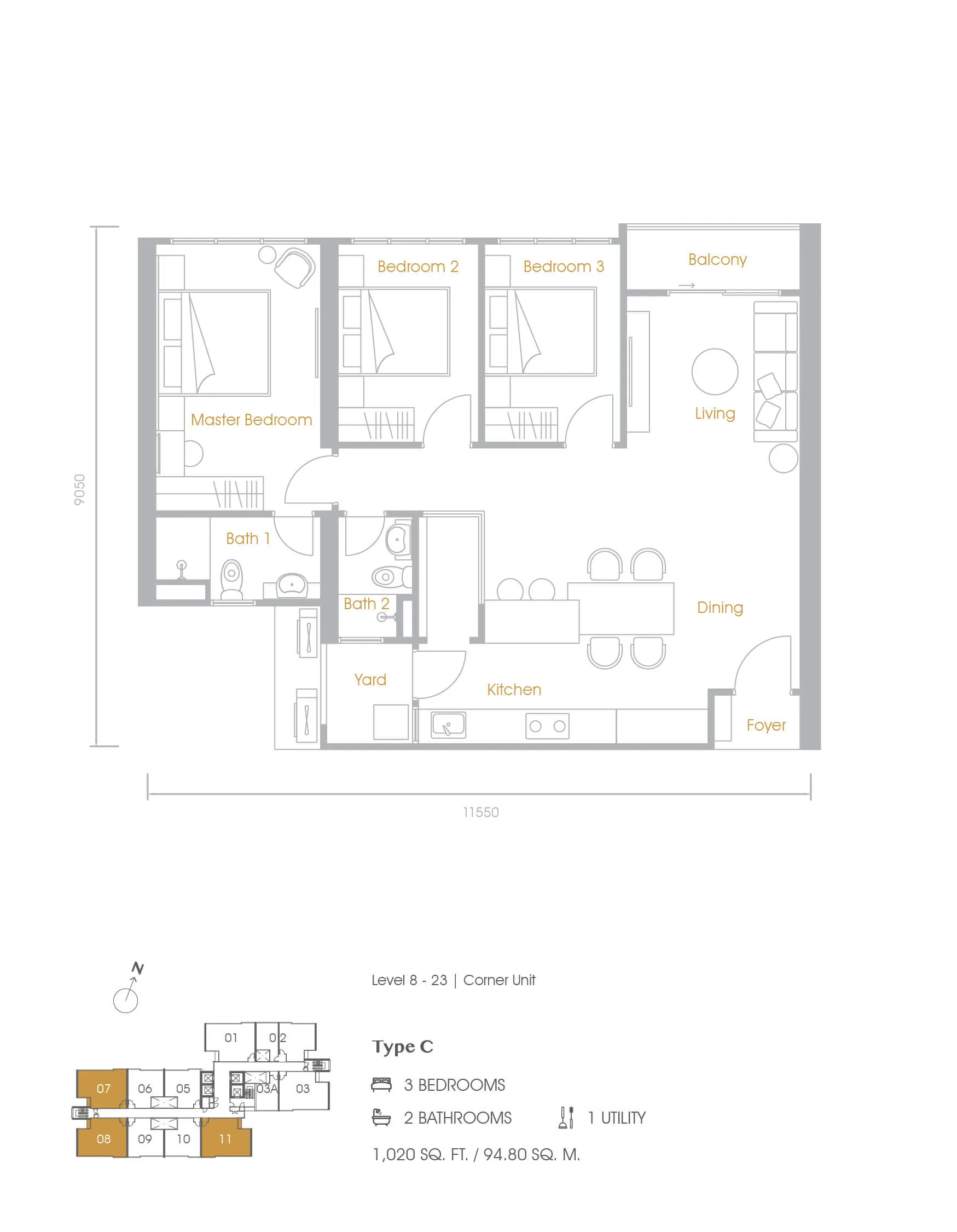 Grains Residences C 型三房户型图,取自发展商官网,槟城大山脚