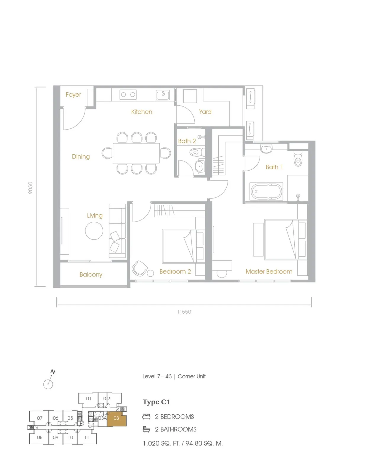 Grains Residences C1 型两房户型图,取自发展商官网,槟城大山脚