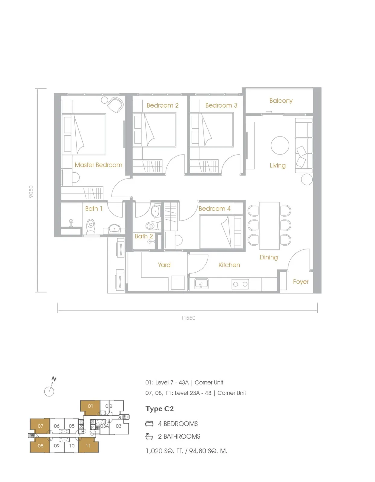 Grains Residences C2 型四房户型图,取自发展商官网,槟城大山脚