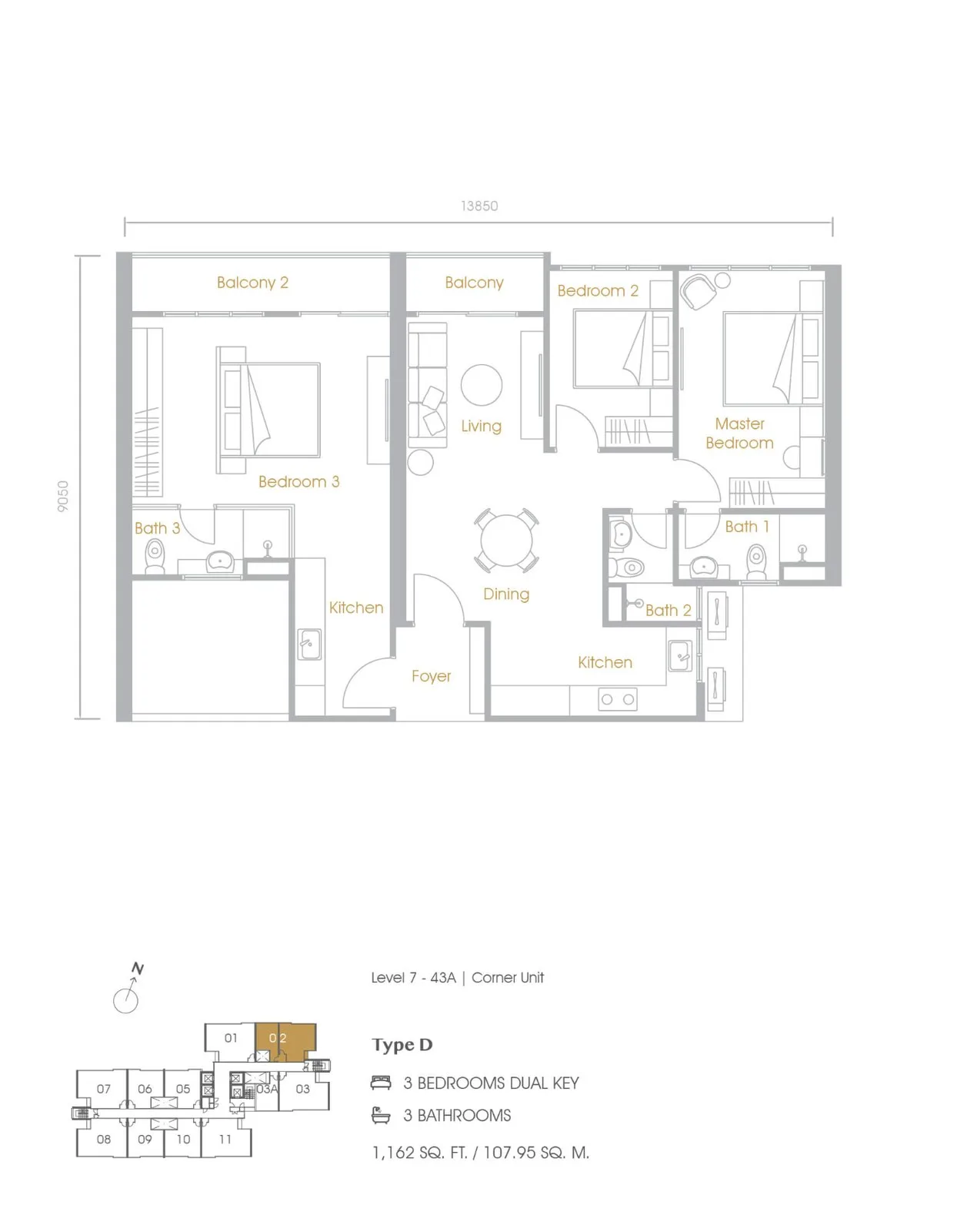 Grains Residences D 型三房双钥匙户型图,取自发展商官网,槟城大山脚