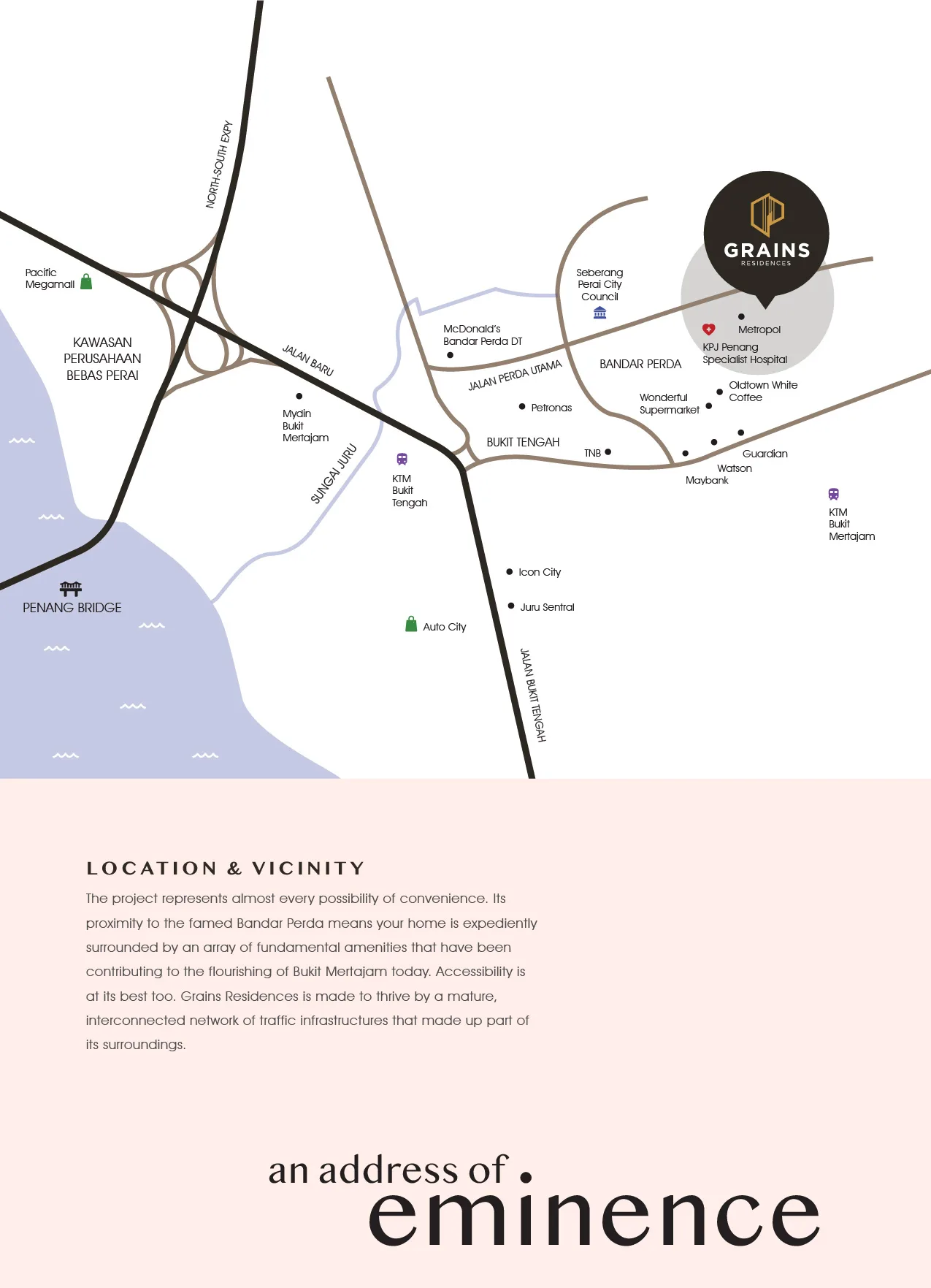 Grains Residences 位置与周边机能说明页,槟城大山脚——发展商公布
