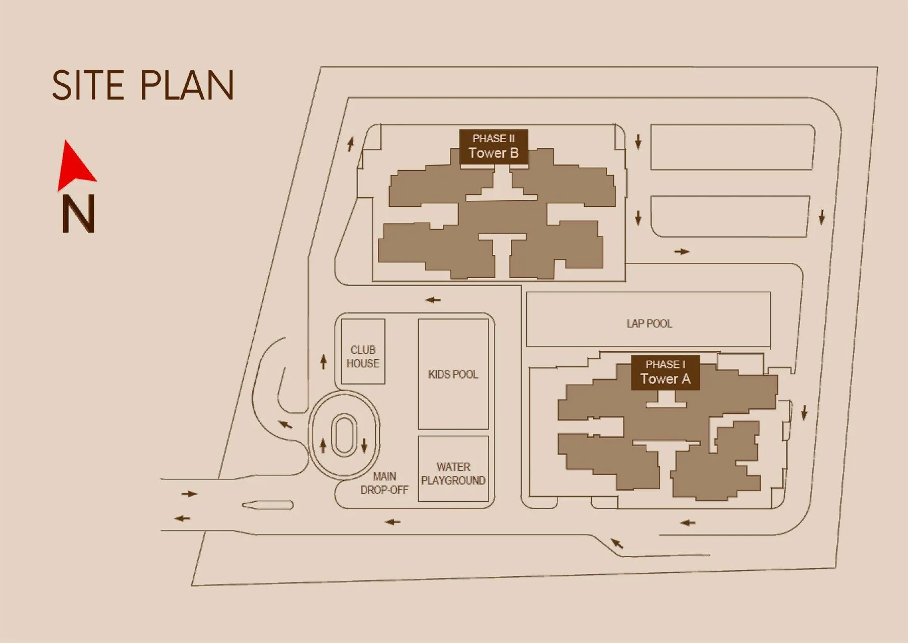 Site plan: Tower A (Phase I), Tower B (Phase II), lap pool, kids’ pool, water playground and clubhouse, from the developer’s brochure at Grand Meridian, Kepayan, Kota Kinabalu, Sabah