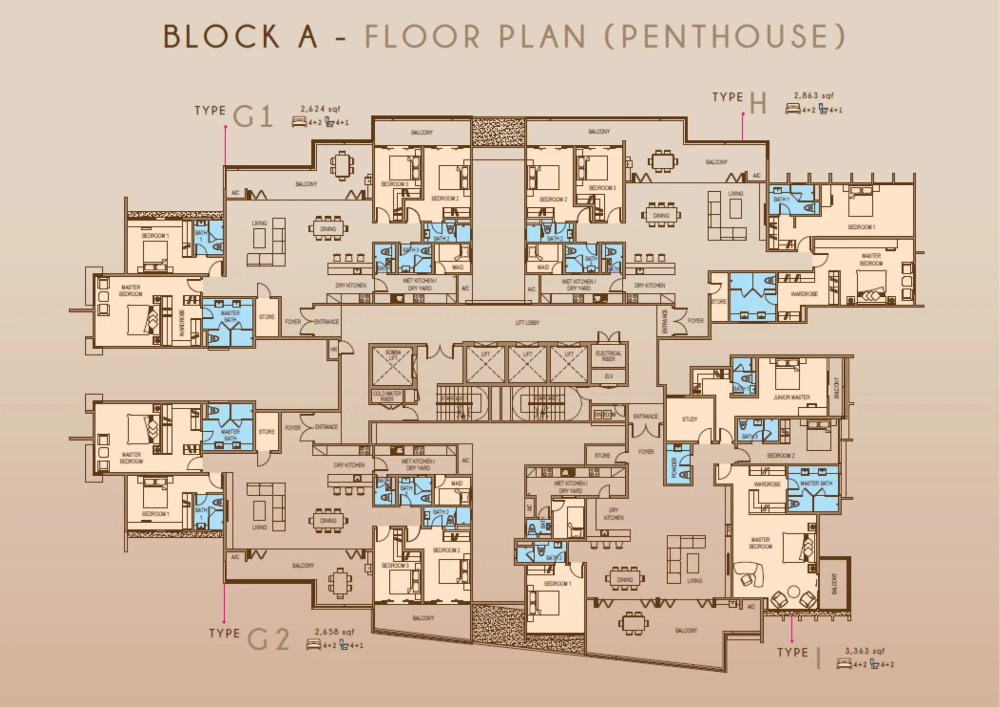 Tower A penthouse floor: Types G1, G2, H and I, from the developer’s brochure at Grand Meridian, Kepayan, Kota Kinabalu, Sabah