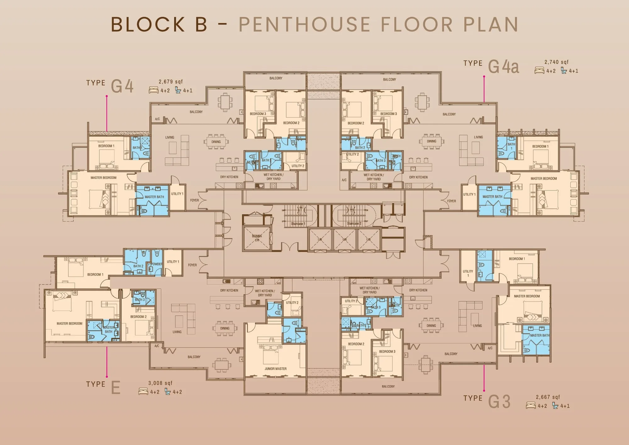 Tower B penthouse floor: Types E, G3, G4 and G4a, from the developer’s brochure at Grand Meridian, Kepayan, Kota Kinabalu, Sabah