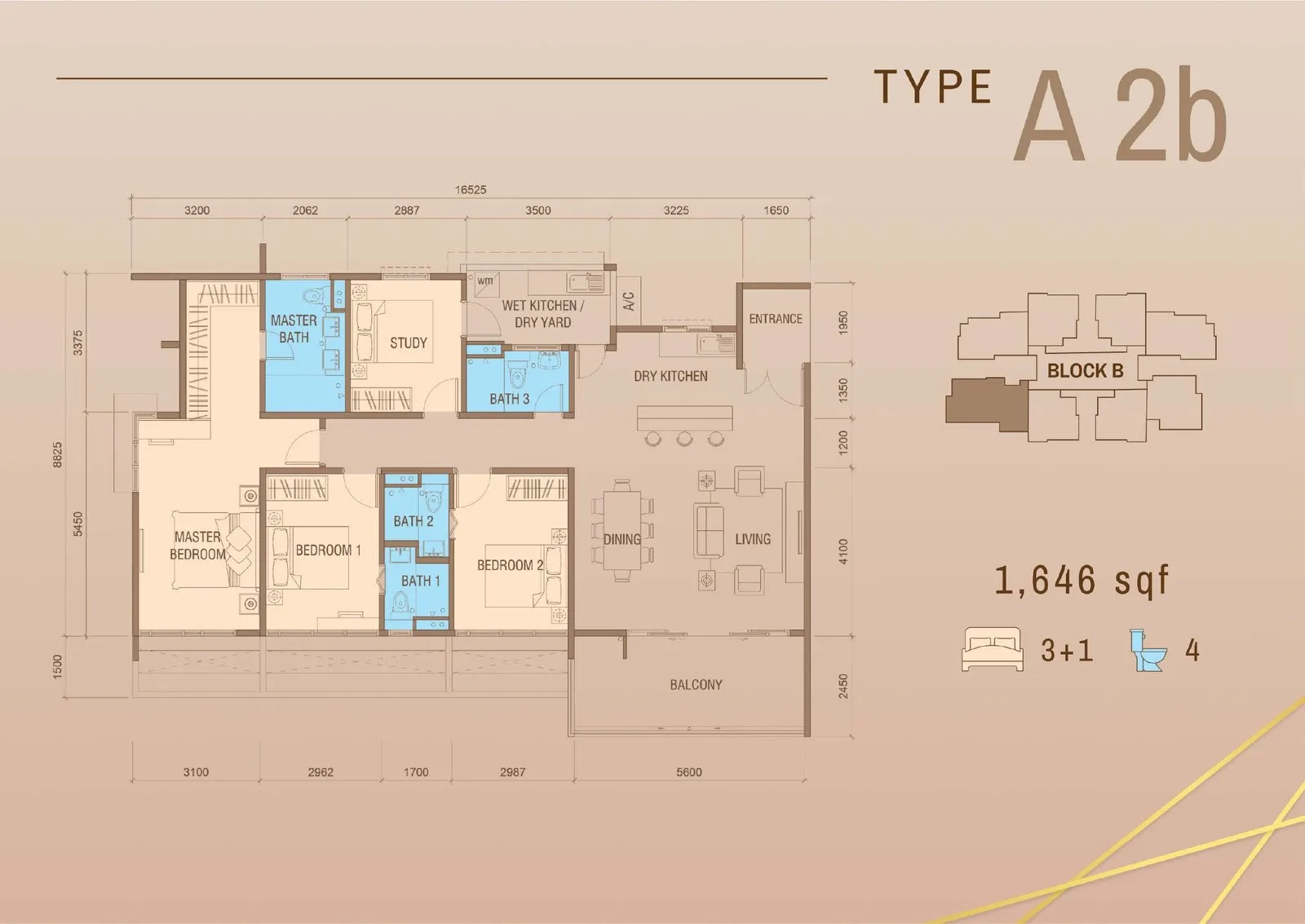 Tower B Type A2b floor plan 1,646 sq ft at Grand Meridian, Kepayan, Kota Kinabalu, Sabah