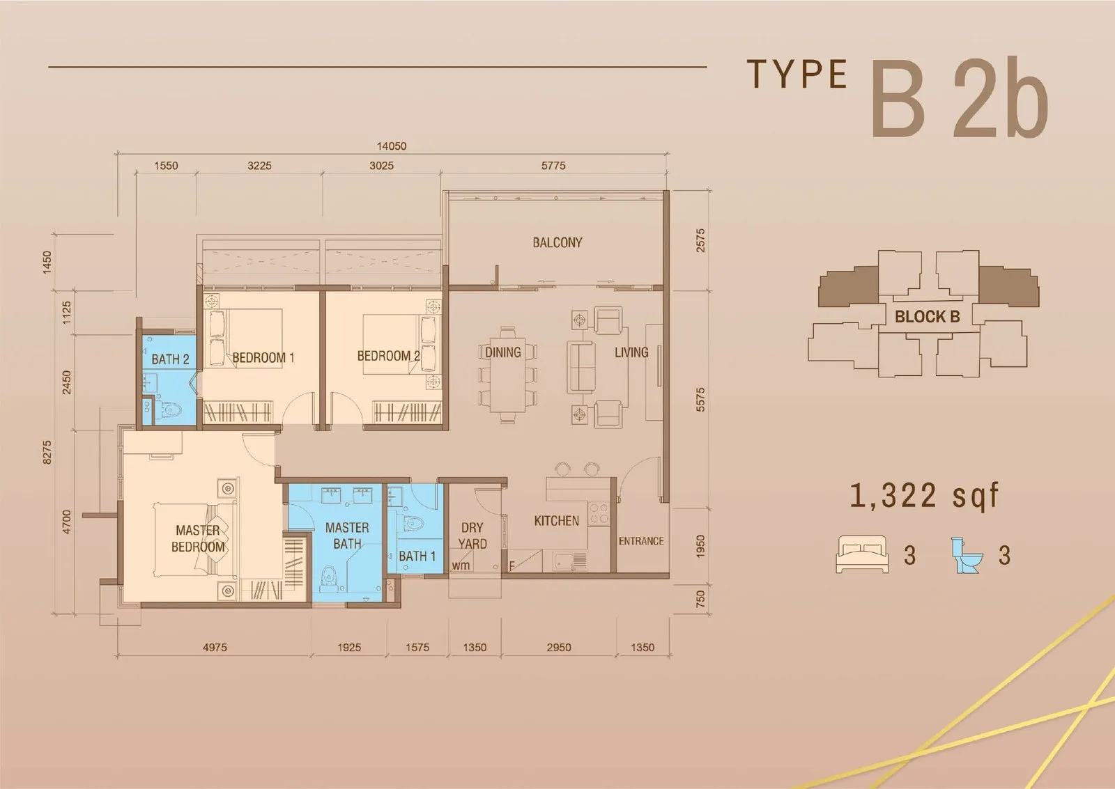 Tower B Type B2b floor plan 1,322 sq ft at Grand Meridian, Kepayan, Kota Kinabalu, Sabah