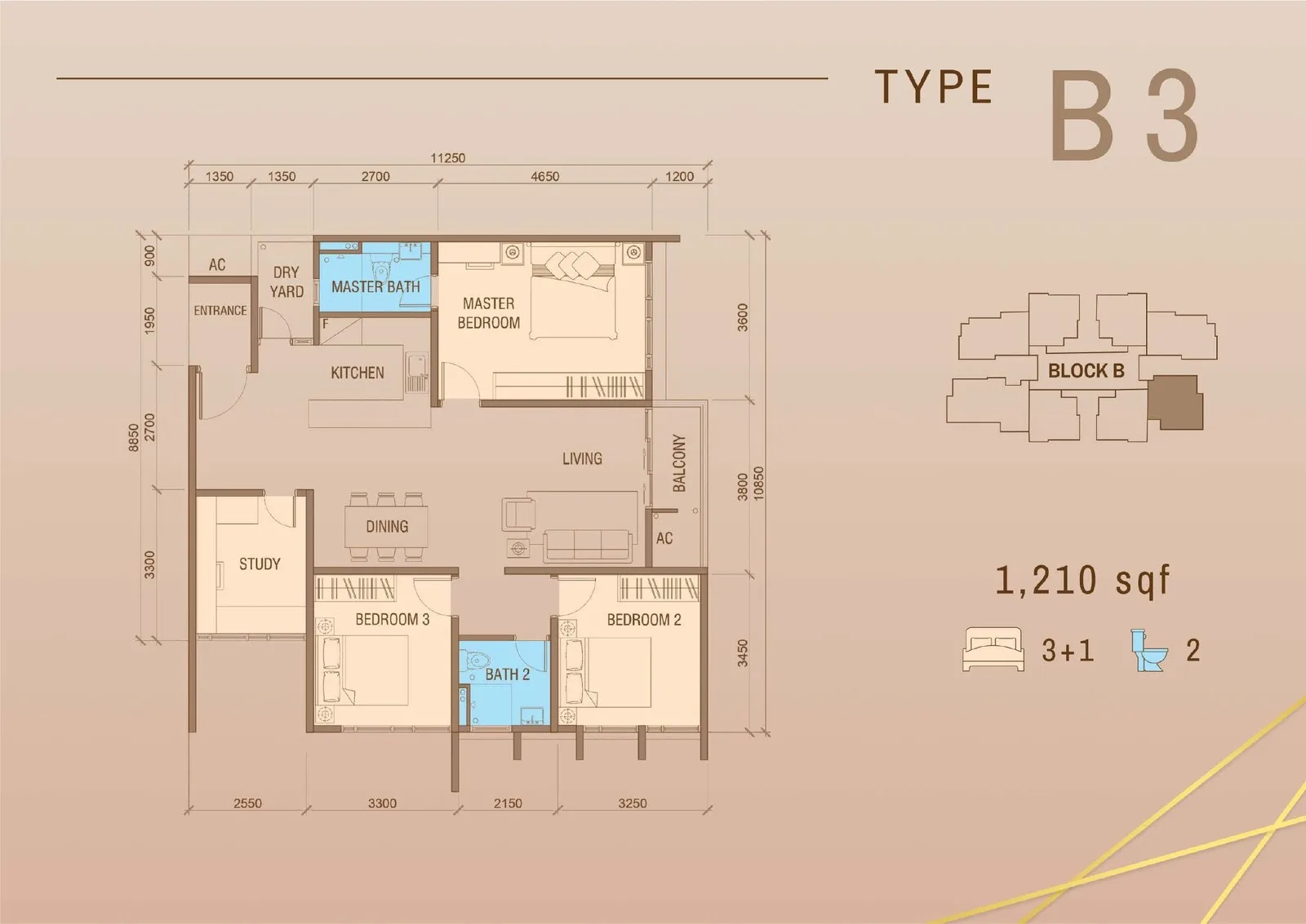 Tower B Type B3 floor plan 1,210 sq ft at Grand Meridian, Kepayan, Kota Kinabalu, Sabah