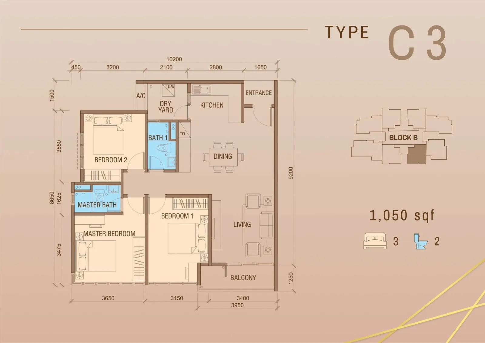 Tower B Type C3 floor plan 1,050 sq ft at Grand Meridian, Kepayan, Kota Kinabalu, Sabah