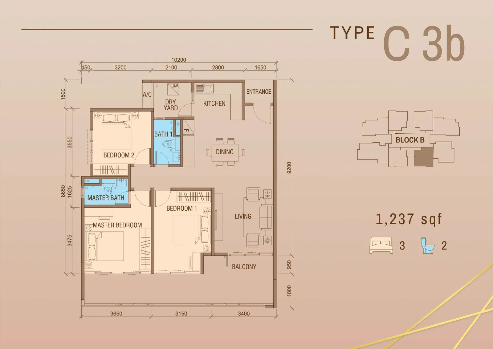 Tower B Type C3b floor plan 1,237 sq ft at Grand Meridian, Kepayan, Kota Kinabalu, Sabah