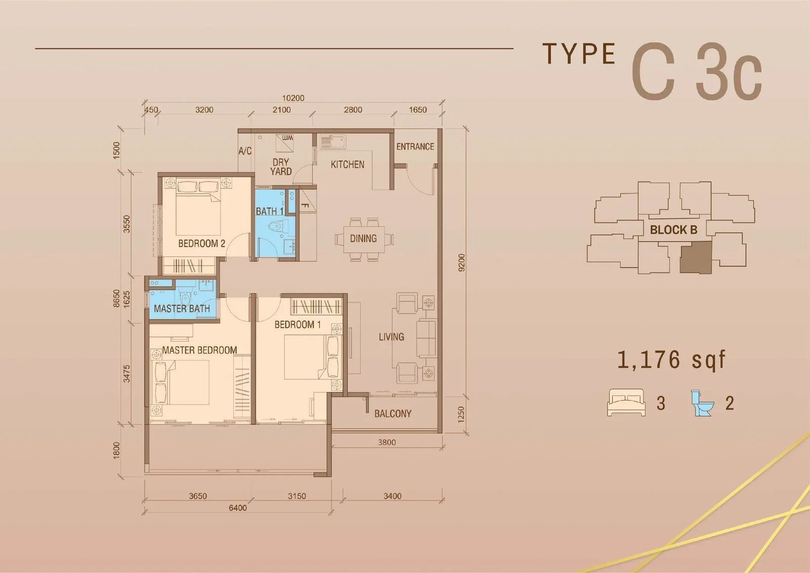 Tower B Type C3c floor plan 1,176 sq ft at Grand Meridian, Kepayan, Kota Kinabalu, Sabah