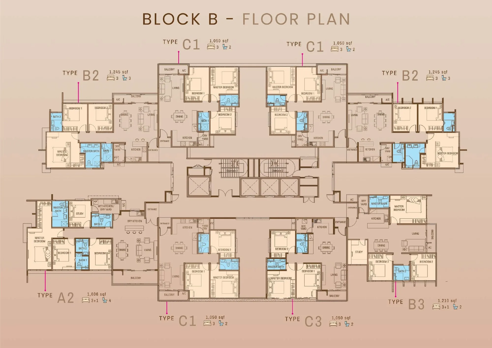 Tower B typical floor: eight homes — Types A2, B2, B3, C1 and C3 — from the developer’s brochure at Grand Meridian, Kepayan, Kota Kinabalu, Sabah