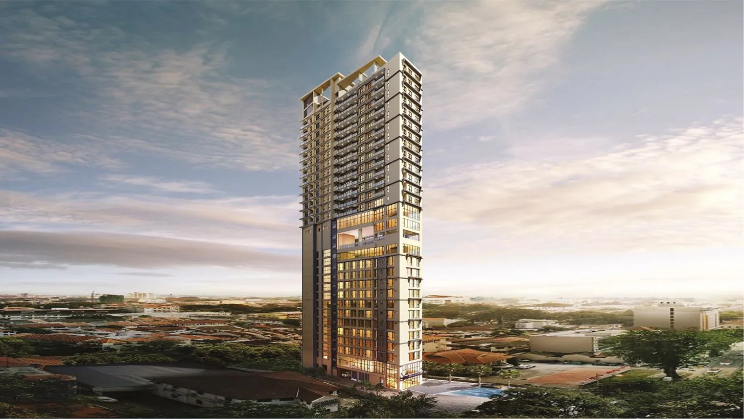 Green City Residence tower above the rooftops of George Town, wide artist's impression, Penang
