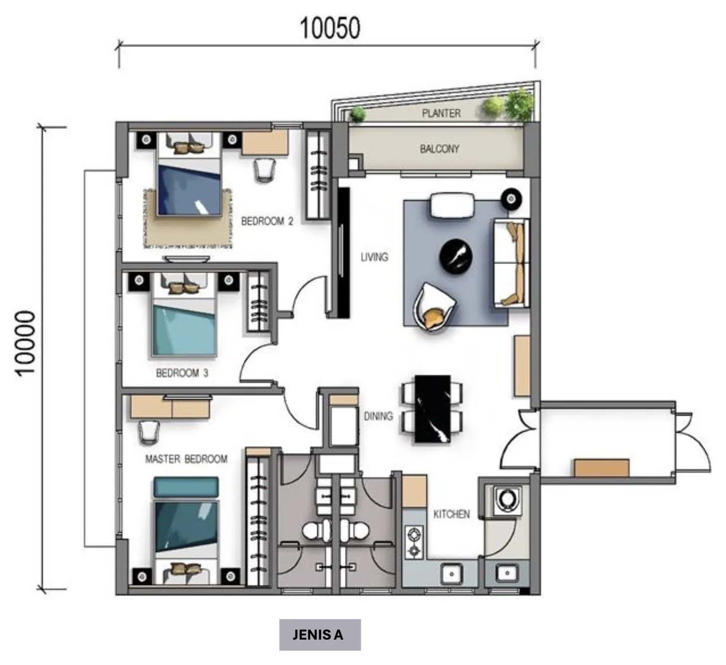 Green City Residence Type A floor plan — 1,086 sq ft, three bedrooms, George Town, Penang