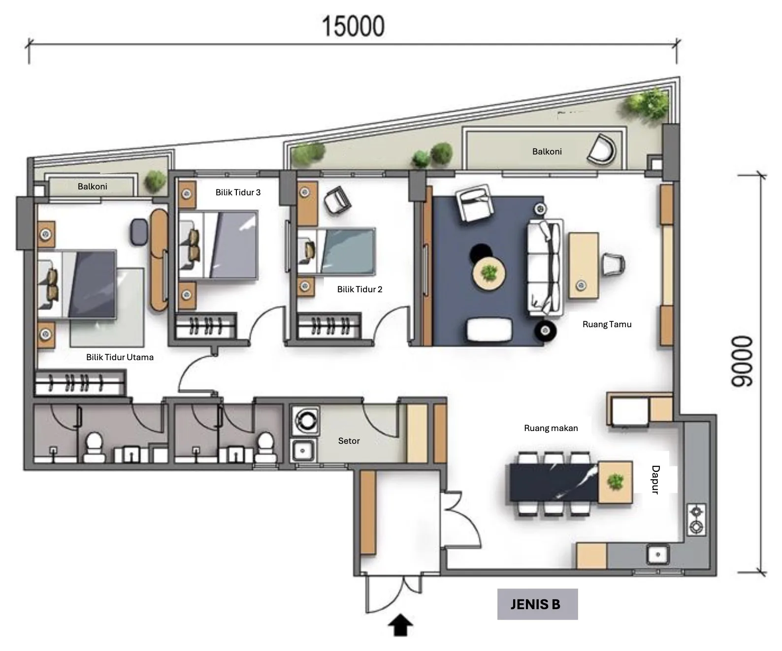 Green City Residence Type B floor plan — 1,267 sq ft, three bedrooms, George Town, Penang