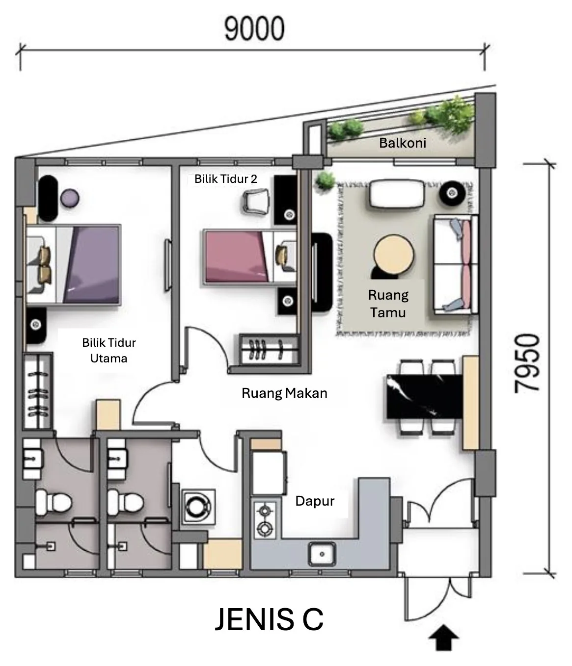 Green City Residence Type C floor plan — 770 sq ft, two bedrooms, George Town, Penang