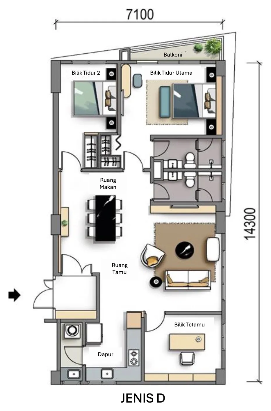Green City Residence Type D floor plan — 1,092 sq ft, three bedrooms, George Town, Penang