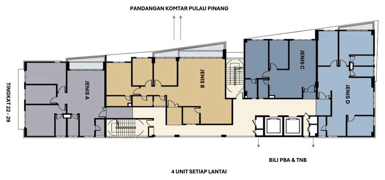 Green City Residence typical floor plan for Levels 22 to 29 showing Types A, B, C and D, George Town, Penang