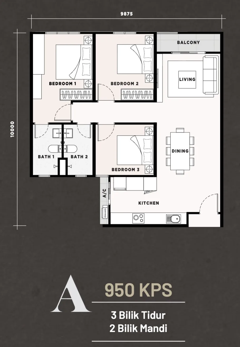 Harbour View Residence Type A floor plan — 950 sq ft, three bedrooms and two bathrooms, Butterworth, Penang