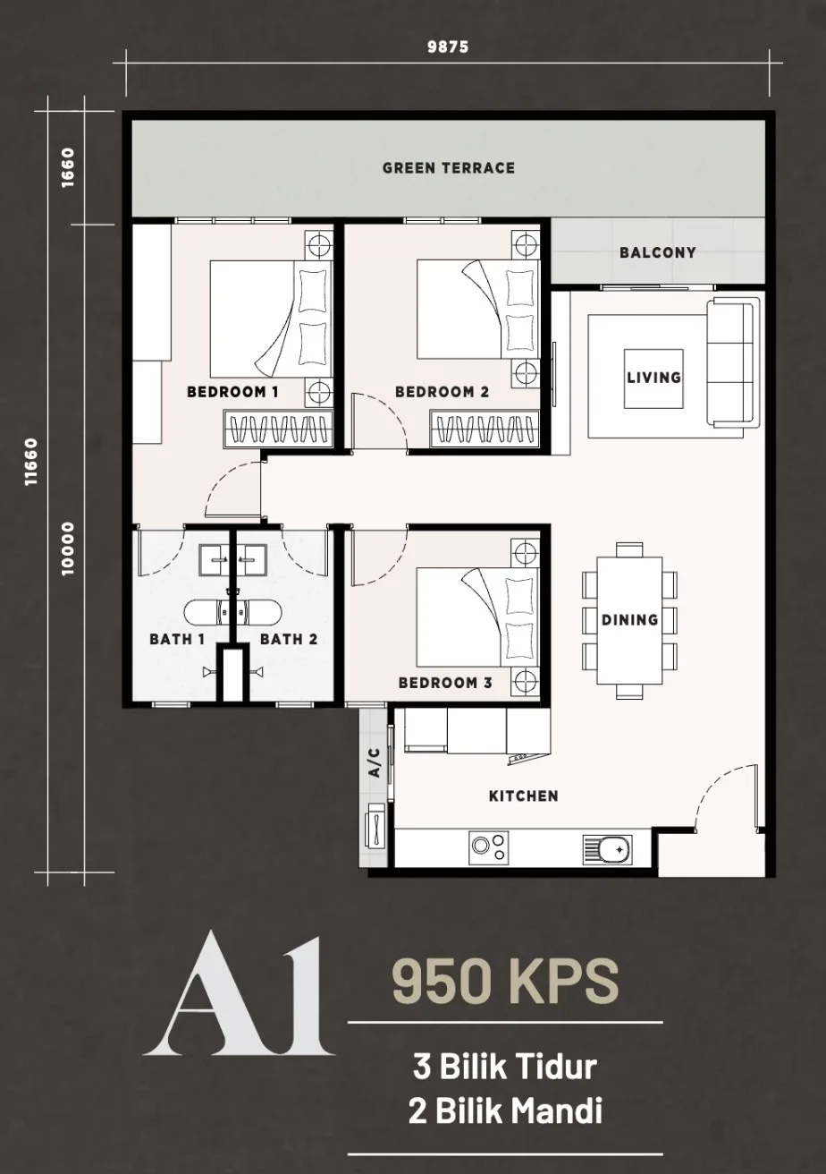 Harbour View Residence Type A1 floor plan with green terrace — 950 sq ft, three bedrooms and two bathrooms, Butterworth, Penang