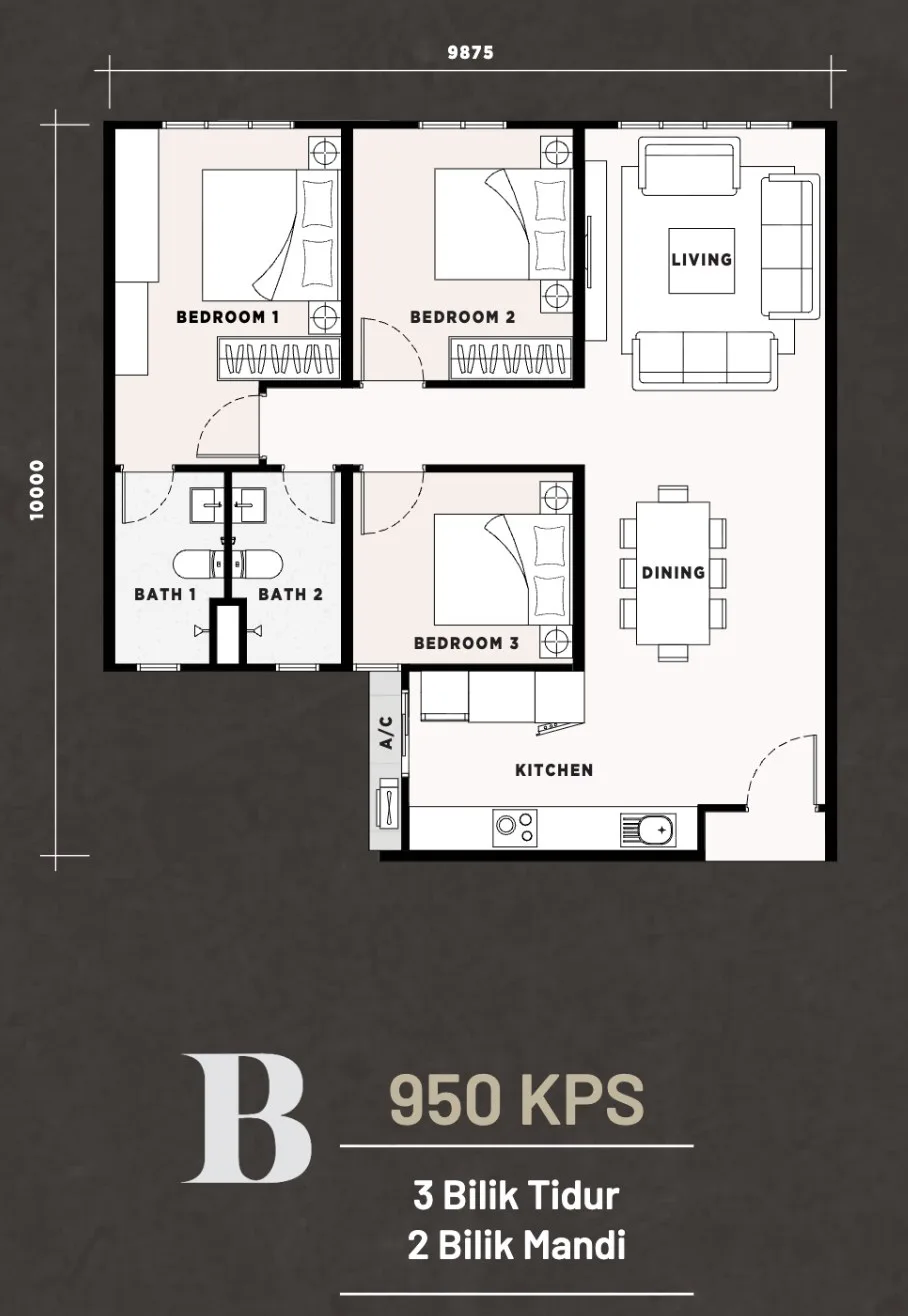 Harbour View Residence Type B floor plan — 950 sq ft, three bedrooms and two bathrooms, Butterworth, Penang