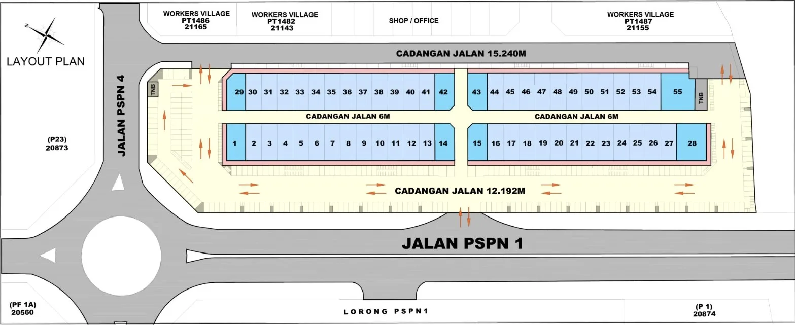 HI World City layout plan showing plots 1 to 55 in two rows along Jalan PSPN 1, Simpang Ampat, Penang