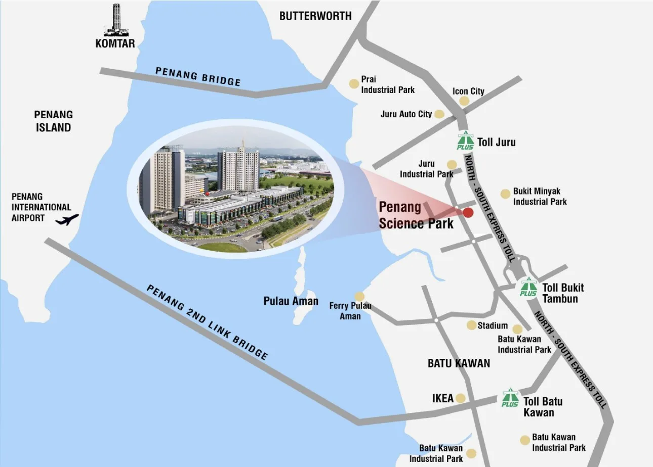 HI World City location map showing the project at Penang Science Park between the Juru and Bukit Tambun tolls, Simpang Ampat, Penang