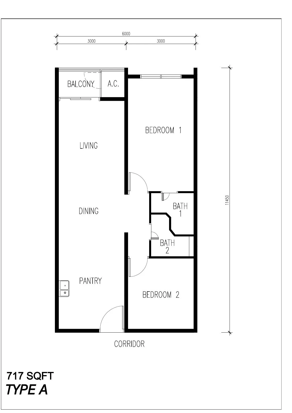 Floor plan of Type A, 717 sq ft, at ICC Suites by Sycal ICC Properties Sdn Bhd, Ipoh, Perak
