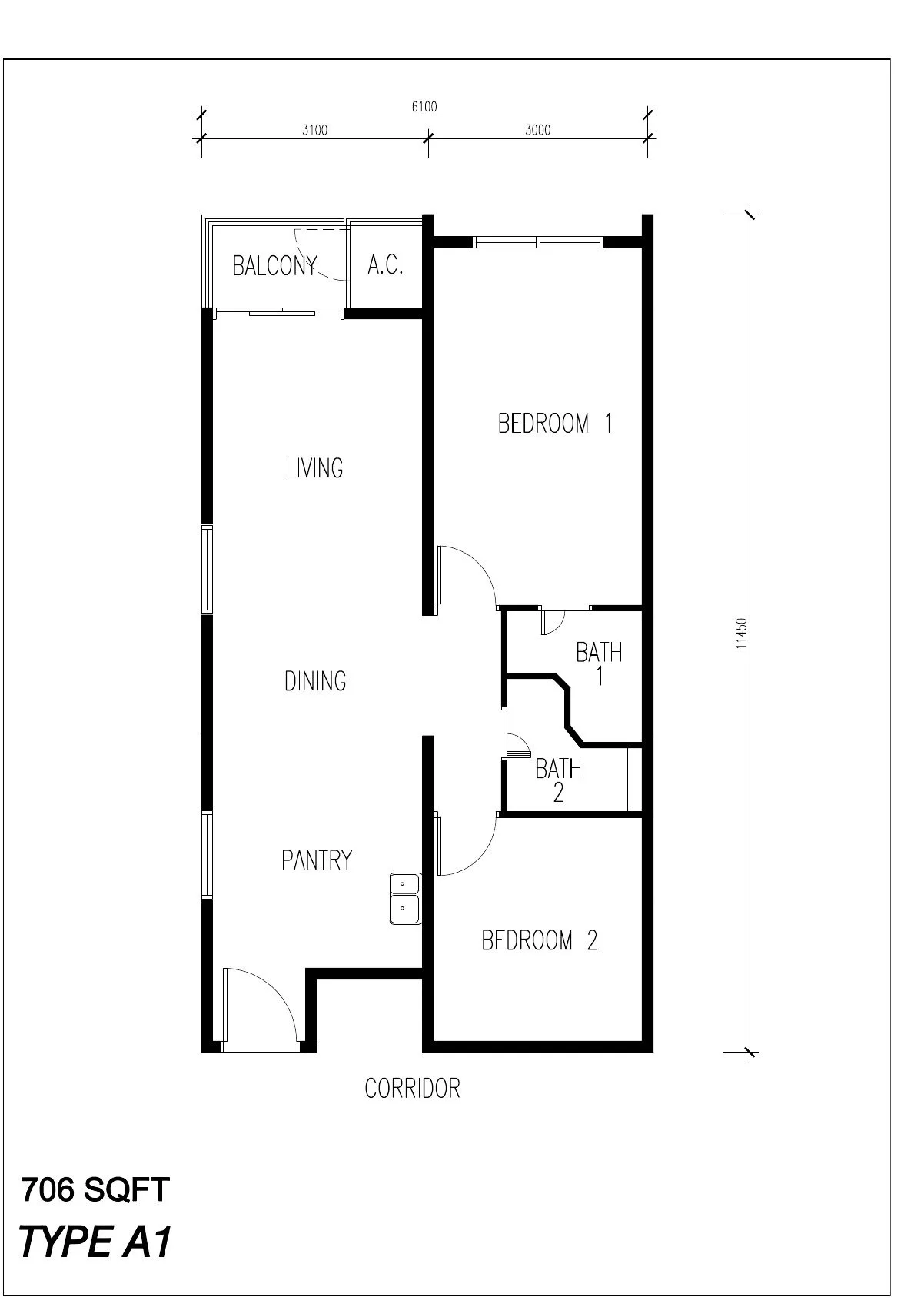 Floor plan of Type A1, 706 sq ft, at ICC Suites by Sycal ICC Properties Sdn Bhd, Ipoh, Perak