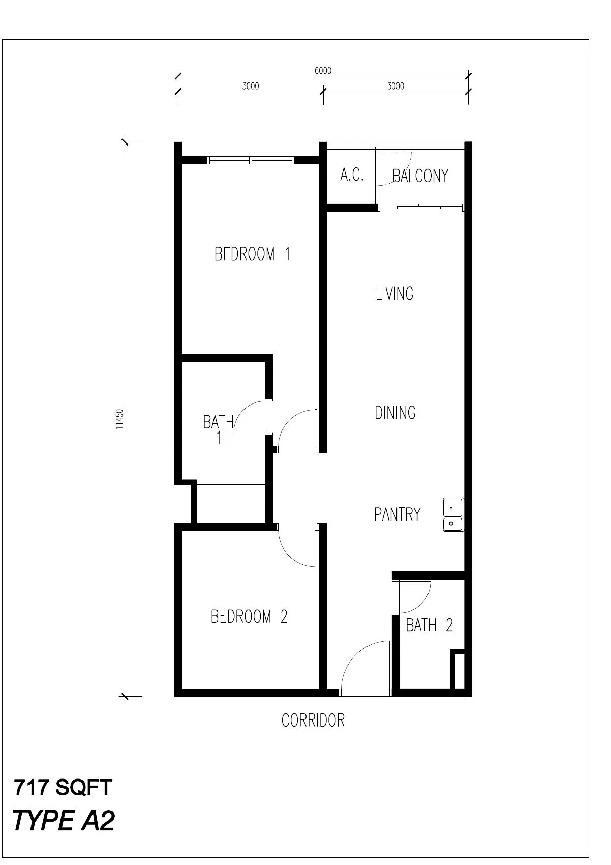 Floor plan of Type A2, 717 sq ft, at ICC Suites by Sycal ICC Properties Sdn Bhd, Ipoh, Perak