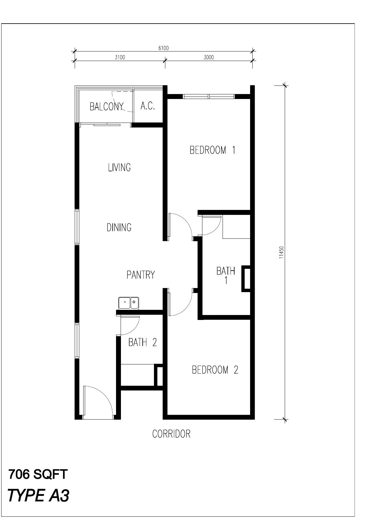 Floor plan of Type A3, 706 sq ft, at ICC Suites by Sycal ICC Properties Sdn Bhd, Ipoh, Perak