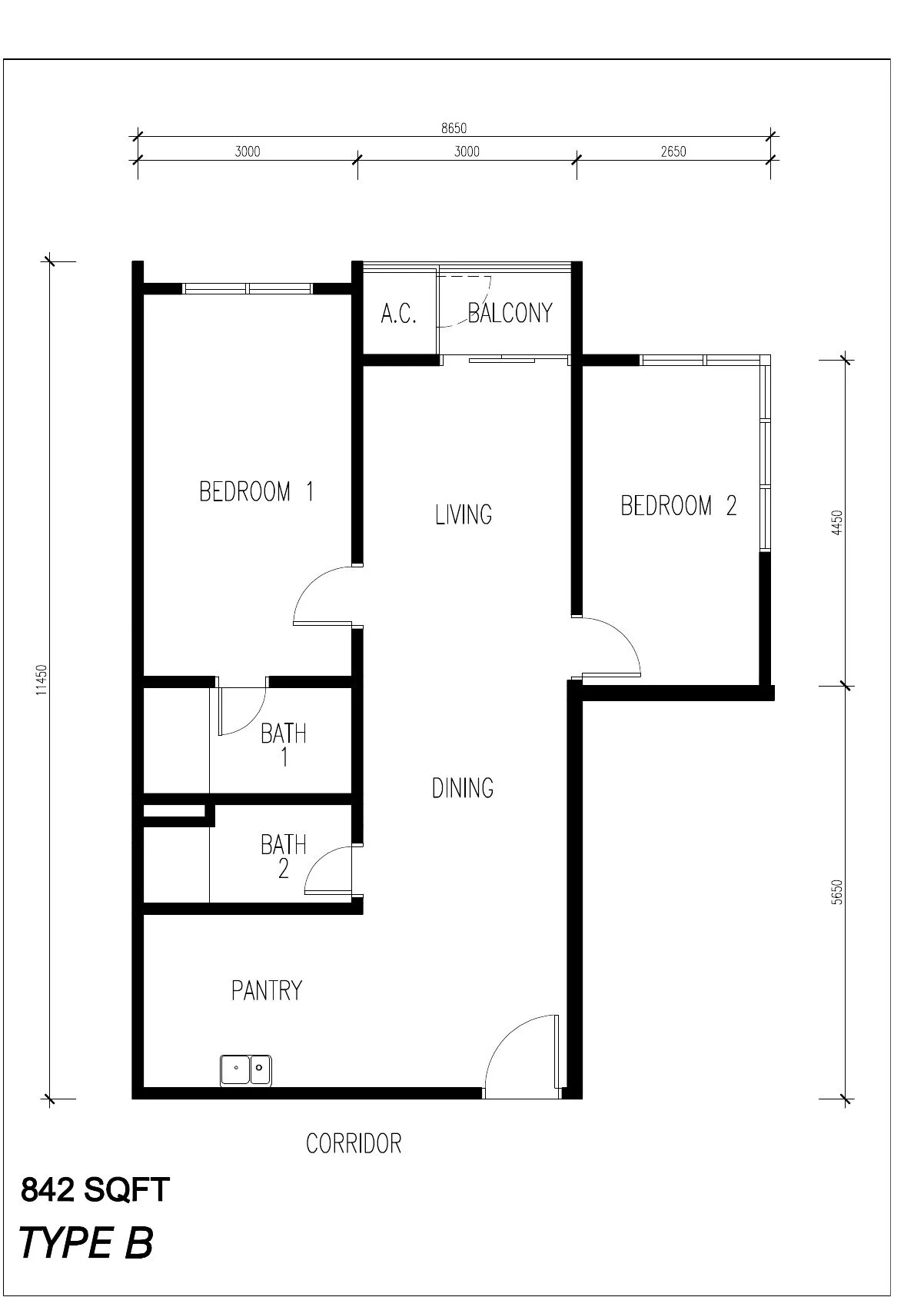 Floor plan of Type B, 842 sq ft, at ICC Suites by Sycal ICC Properties Sdn Bhd, Ipoh, Perak