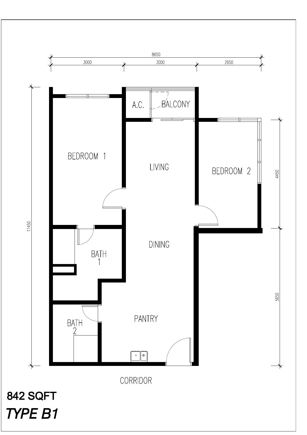 Floor plan of Type B1, 842 sq ft, at ICC Suites by Sycal ICC Properties Sdn Bhd, Ipoh, Perak
