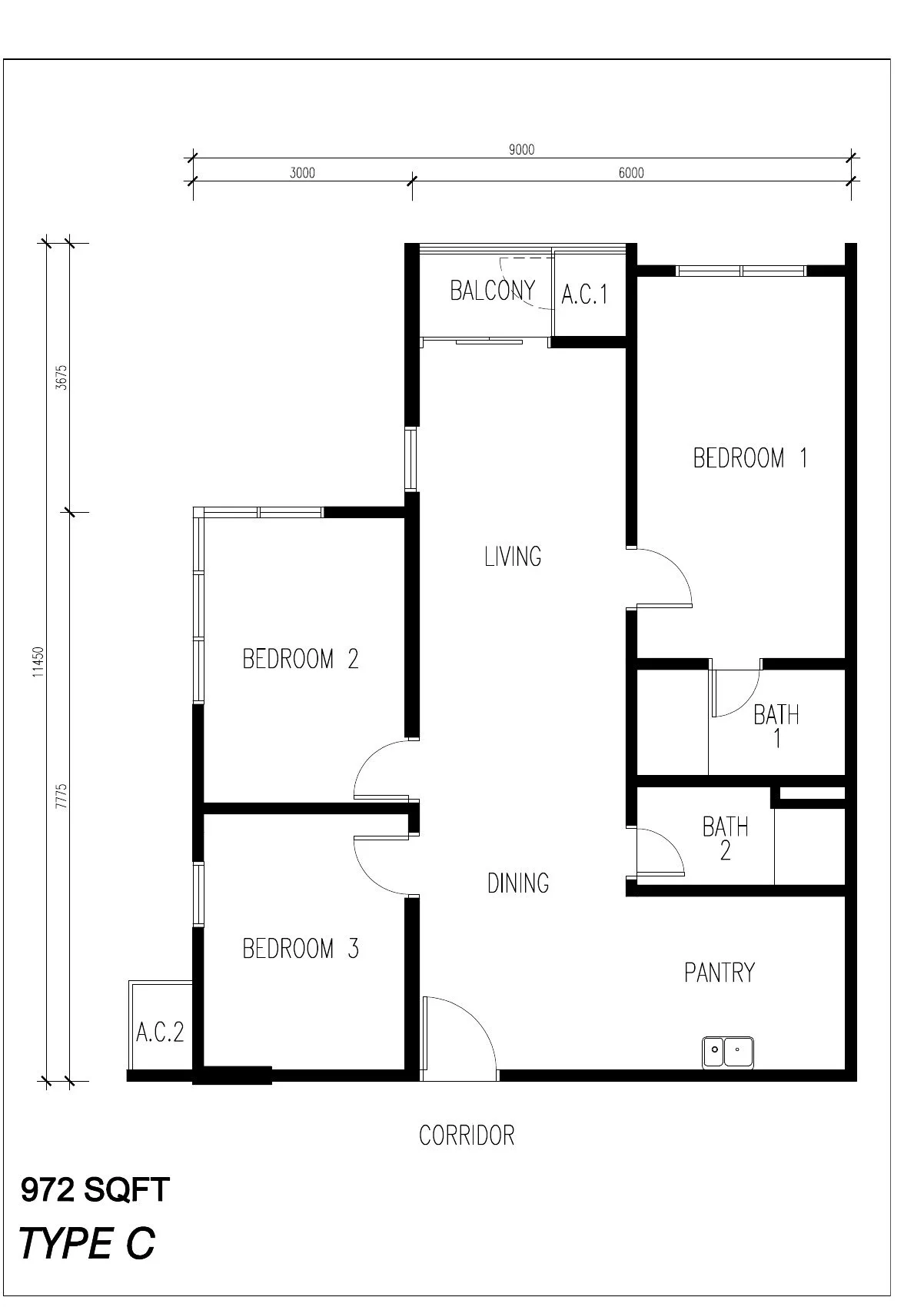 Floor plan of Type C, 972 sq ft, at ICC Suites by Sycal ICC Properties Sdn Bhd, Ipoh, Perak